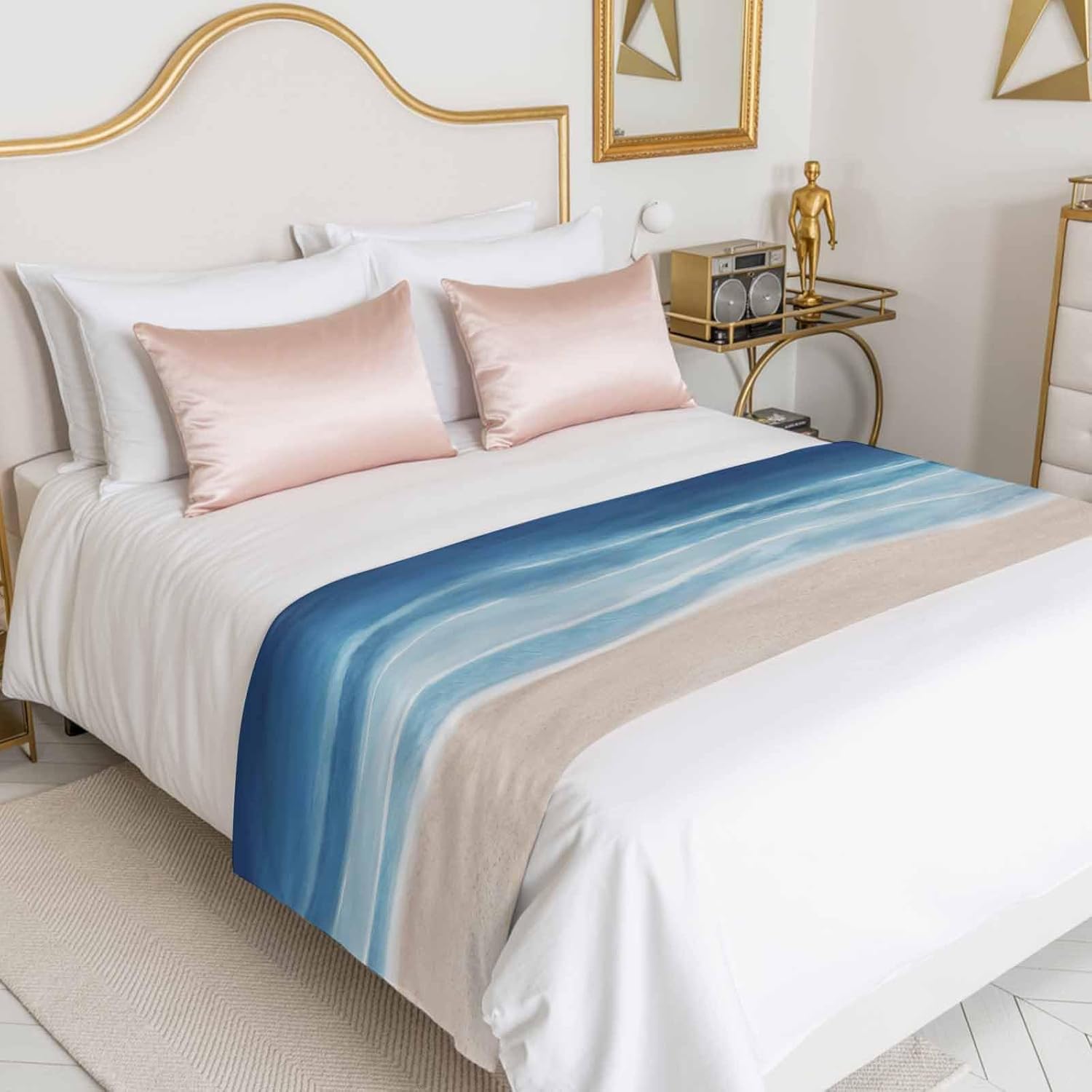 Bed Runner Scarf for Cal.King Size Bed, Navy Blue Coastal Beds Scarf Throws for Foot of Bedding, Waves Summer Beach Ocean Sea Decorative Beds Runners for Bedroom Guestroom, 102"x20"