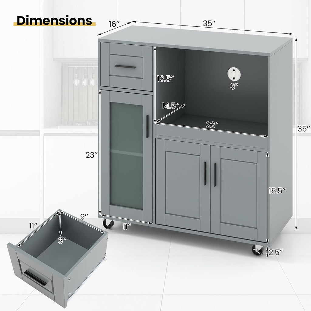 GOFLAME Rolling Kitchen Island Cart on Wheels, Mobile Kitchen Cart with Drawer, Open Shelf and Glass Door Cabinet, Microwave Stand Cart, Portable Kitchen Island for Kitchen, Dining Room, Grey