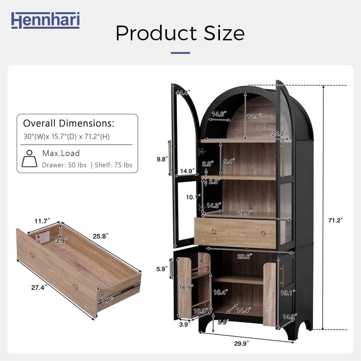 Arched Kitchen Pantry Cabinet with Hidden Drawer and Spice Rack, Arched Bookshelf with Storage Cabinet & Glass Doors, Versatile Cupboard for Living Room & Dining Room (Black)