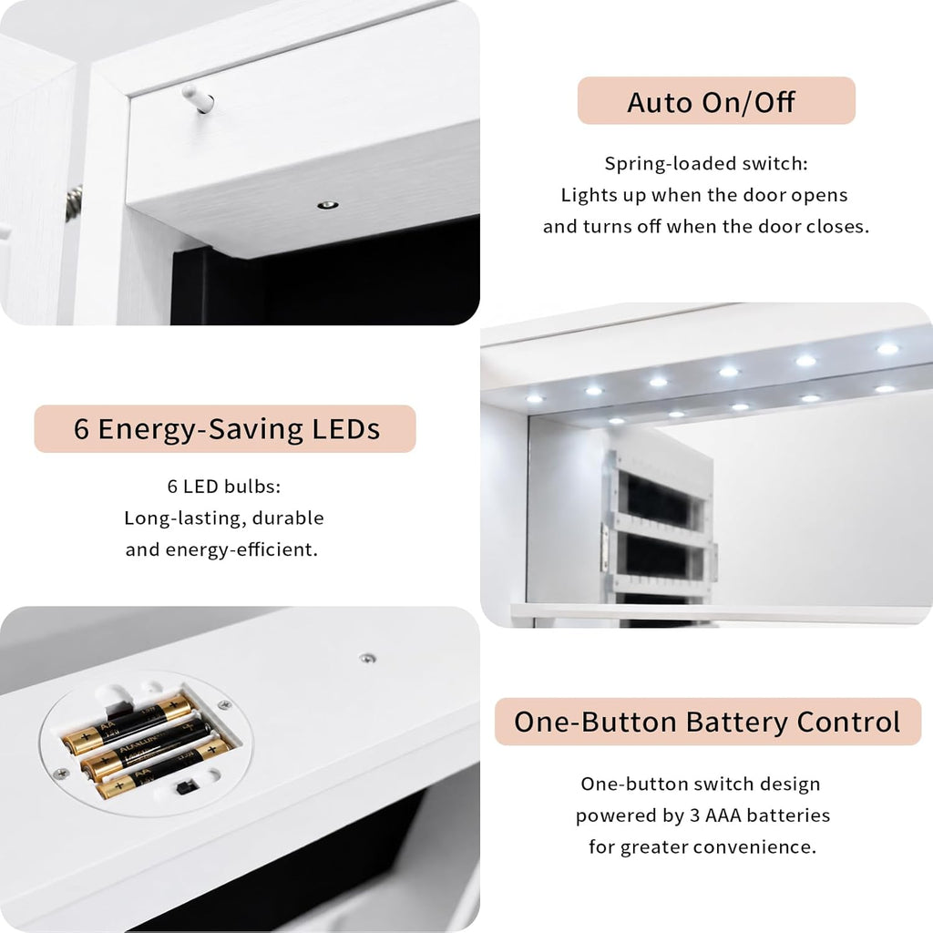 Over the Door Jewelry Organizer, Wall Mounted Jewelry Cabinet, Hanging Mirror with Storage Box, Wall/Door Mounted Full Length Mirror with LED