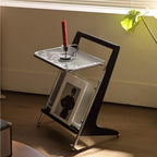 Solid Wood Side Table with Glass Top, Z Shape End Table with Magazine Rack, Multifunctional Small Coffee Table for Bedroom, Living Room, Sofa, Study, Balcony(Black)