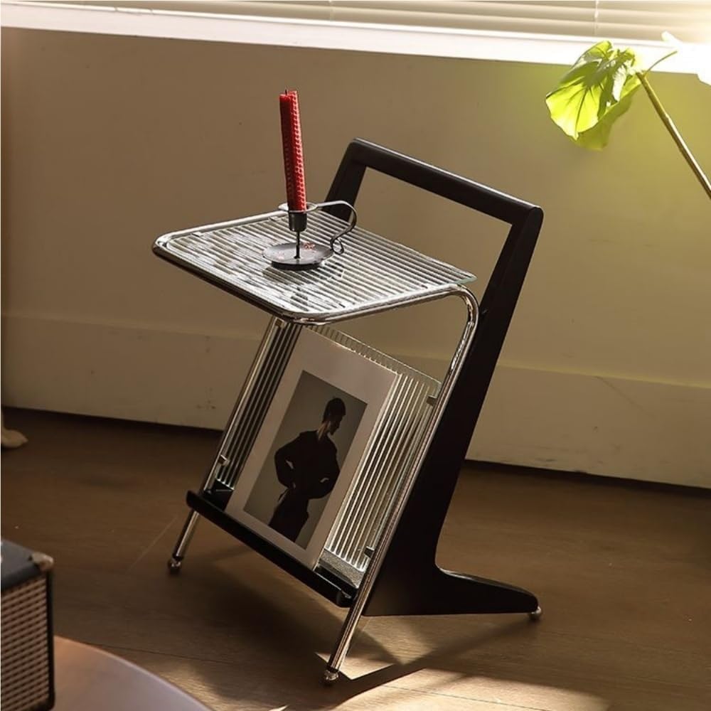 Solid Wood Side Table with Glass Top, Z Shape End Table with Magazine Rack, Multifunctional Small Coffee Table for Bedroom, Living Room, Sofa, Study, Balcony(Black)