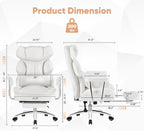 Sweetcrispy Executive Home Office Desk Chair - Ergonomic Big Tall High Back with Footrest & Lumbar Support, Reclining Height Adjustable, Comfy PU Leather Computer Gaming with Swivel Wheels, White