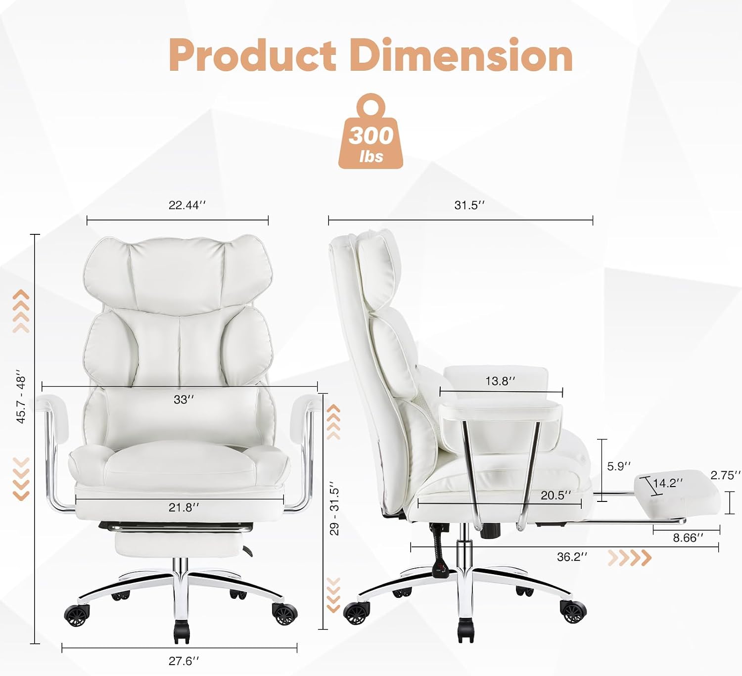 Sweetcrispy Executive Home Office Desk Chair - Ergonomic Big Tall High Back with Footrest & Lumbar Support, Reclining Height Adjustable, Comfy PU Leather Computer Gaming with Swivel Wheels, White