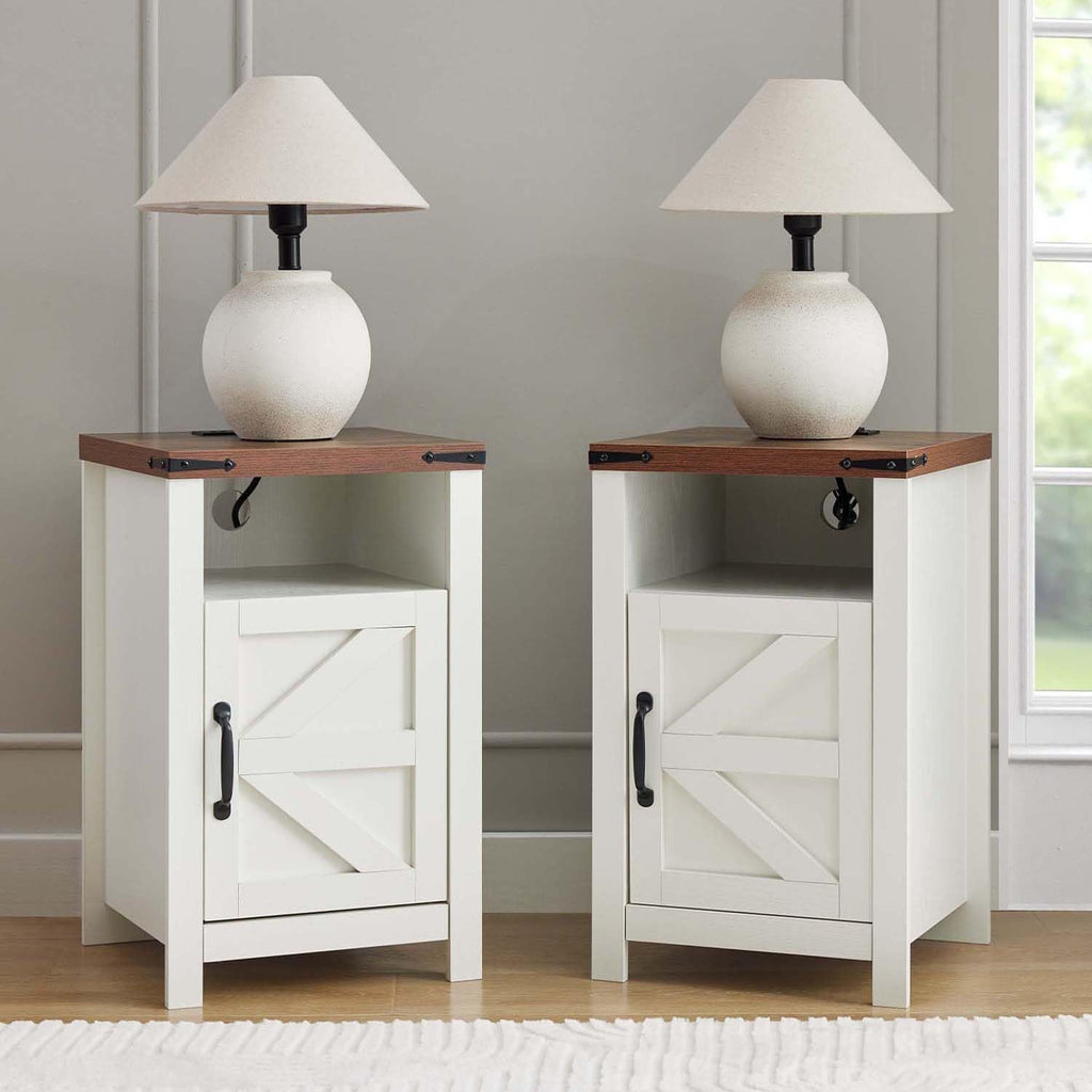 White Farmhouse Nightstand Set of 2, End Tables Set with Charging Station, Night Stand with Door and Storage Shelf, Sofa Side Table Living Room, Bedside Table for Bedroom