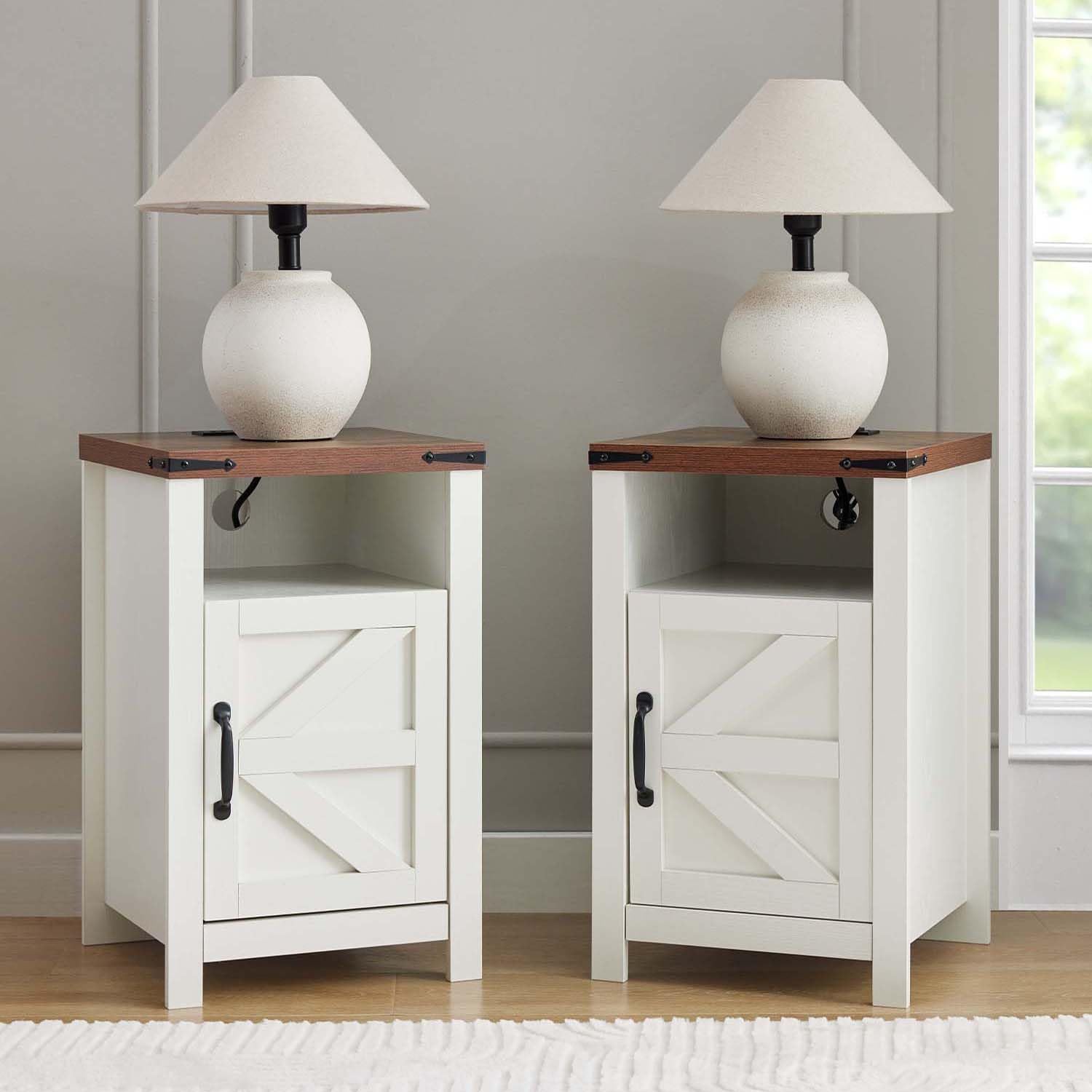 White Farmhouse Nightstand Set of 2, End Tables Set with Charging Station, Night Stand with Door and Storage Shelf, Sofa Side Table Living Room, Bedside Table for Bedroom