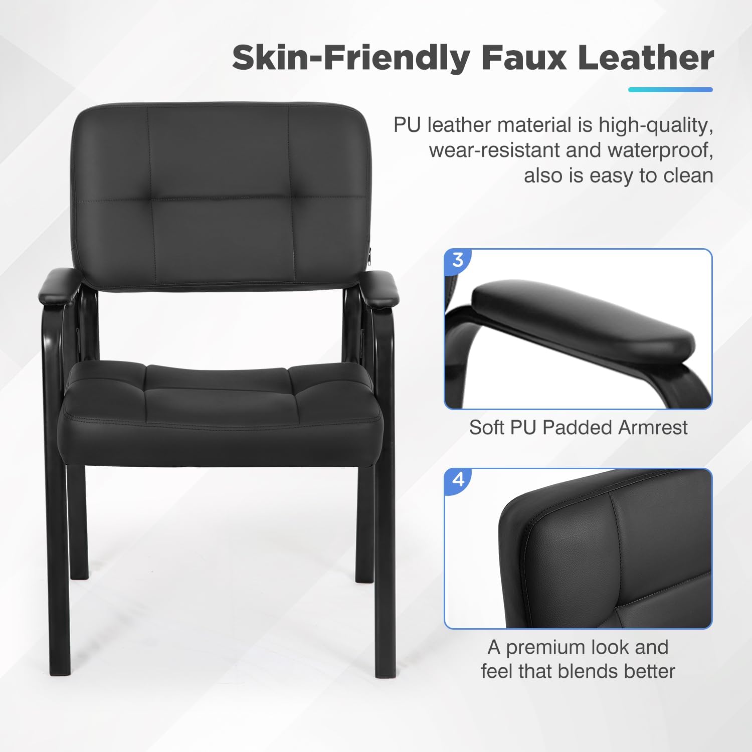 BestOffice Office Guest Chairs Set of 2 Reception Chairs Conference Chairs with Arms Lumbar Support Stack Cushion Seat Meeting Chair PU Leather Office Chair Without Wheels (Black)