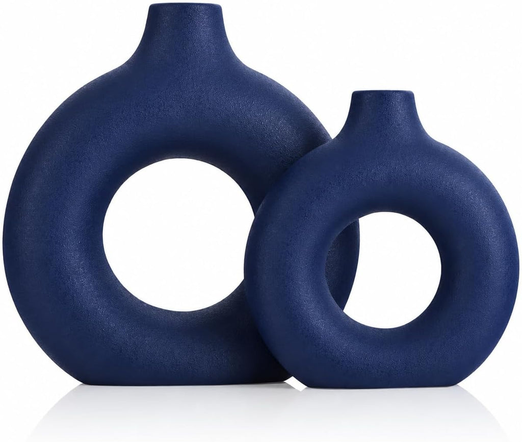 Navy Blue Ceramics Vase for Home Decor,Minimalist Nordic Hollow Donut Vase Set of 2,Modern Navy Blue Decor for Kitchen Table Centerpiece,Living Room,Fire Place,Bookshelf,Office,Entryway,Console
