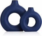 Navy Blue Ceramics Vase for Home Decor,Minimalist Nordic Hollow Donut Vase Set of 2,Modern Navy Blue Decor for Kitchen Table Centerpiece,Living Room,Fire Place,Bookshelf,Office,Entryway,Console