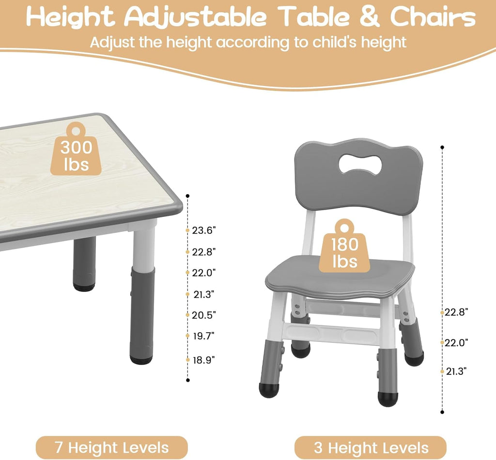 IDEALHOUSE Kids Table and 6 Chairs Set, 47" l x 24" w Height Adjustable Toddler Activity Table with Storage Boxes & 12 Water Pens, Wipe-Clean Wood Grain Desktop for Home Classroom Daycare Gray