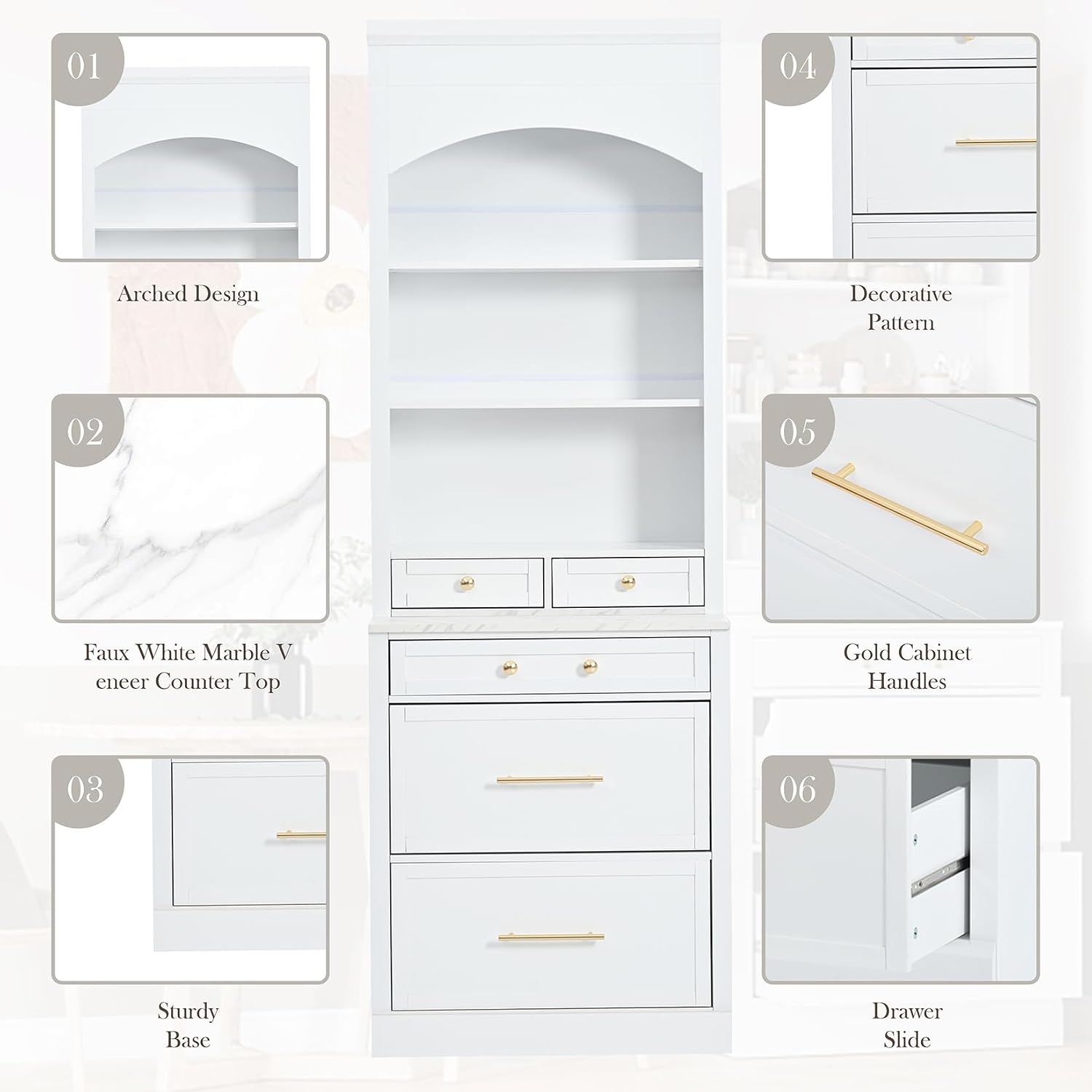 83.7inch High Modern Utility Kitchen Pantry, Freestanding Tall Kitchen Hutch with Storage, Larder Cupboard Cabinet with 5 Storage Drawers and Adjustable Shelf for Dining Room, Living Room