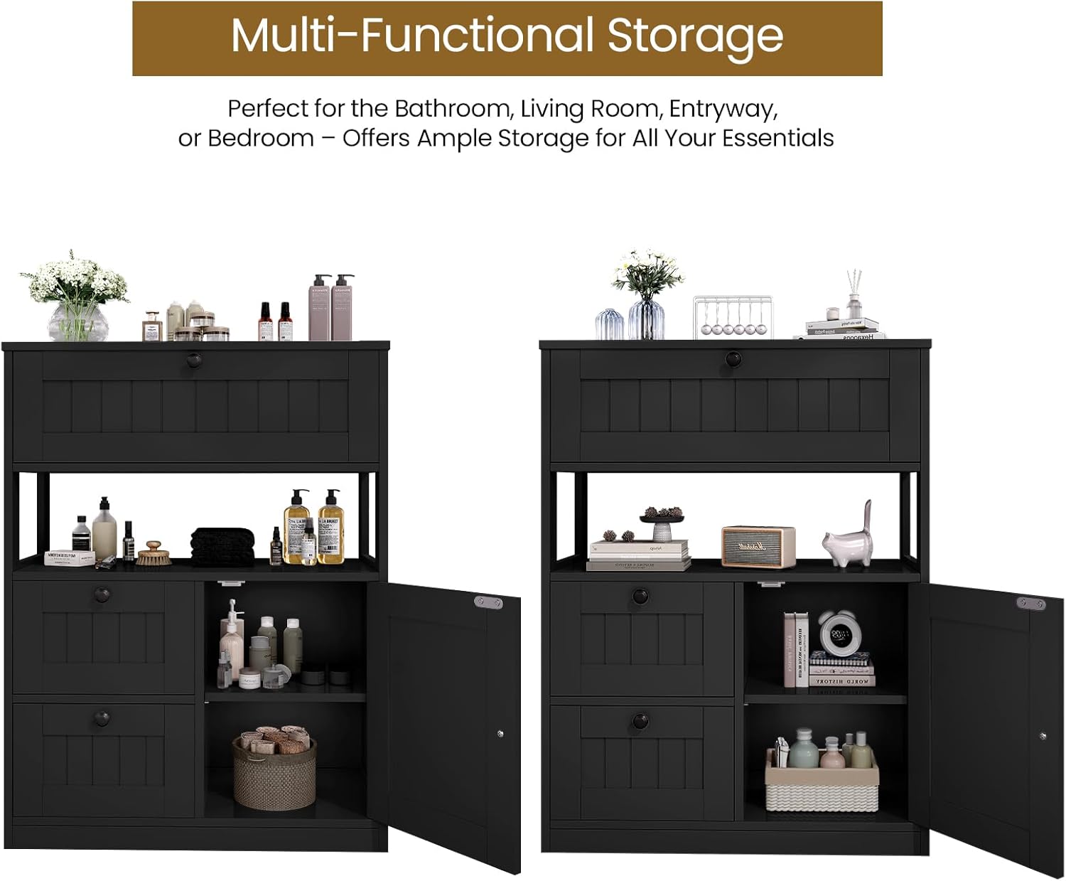 GRUSIGN Storage Cabinet, Modern Bathroom Floor Storage Cabinet Organizer with 1 Door and 3 Drawers, Freestanding Cupboard for Kitchen/Living Room Use