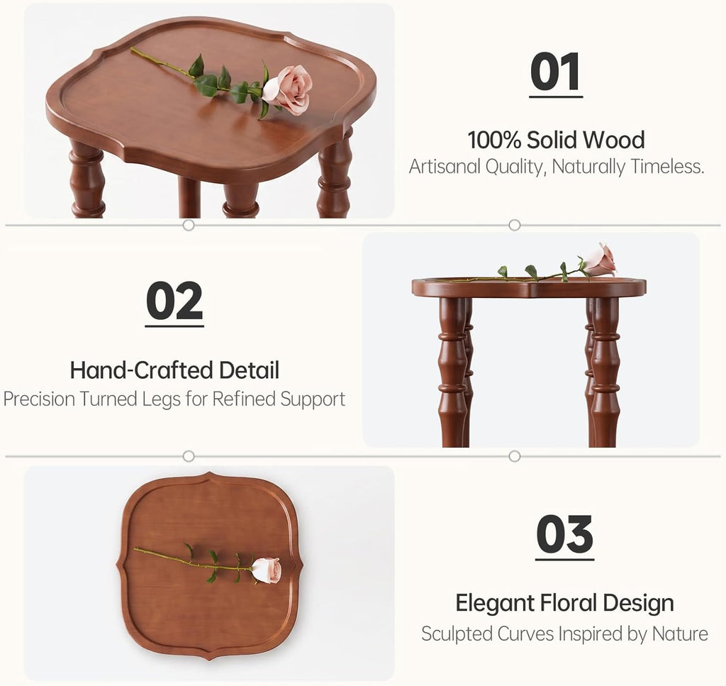 100% Solid Wood Side Table, Vintage 2-Tier Small Round End Table, Nightstand with Handcrafted Spindle Legs, Wooden Accent Table for Small Spaces, Living Room, Bedroom, 5-Min Assembly, Walnut