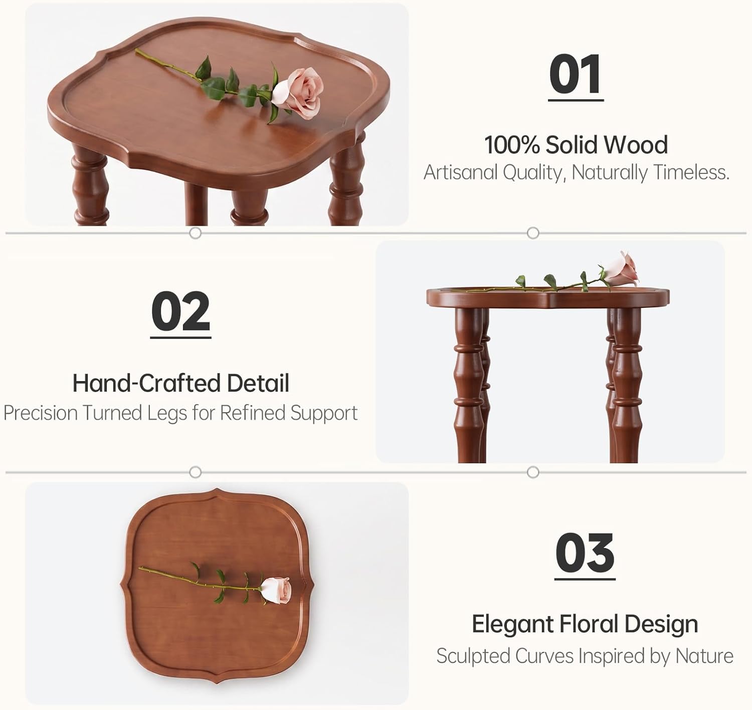 100% Solid Wood Side Table, Vintage 2-Tier Small Round End Table, Nightstand with Handcrafted Spindle Legs, Wooden Accent Table for Small Spaces, Living Room, Bedroom, 5-Min Assembly, Walnut