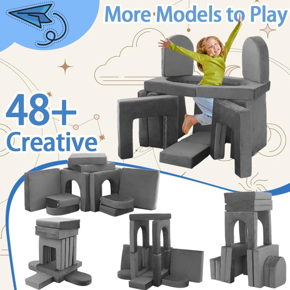 12PCS Modular Kids Play Couch Child Convertible Building Fort Sofa and Cushion DIY Floor Sofa for Playroom Bedroom (Dark Grey)