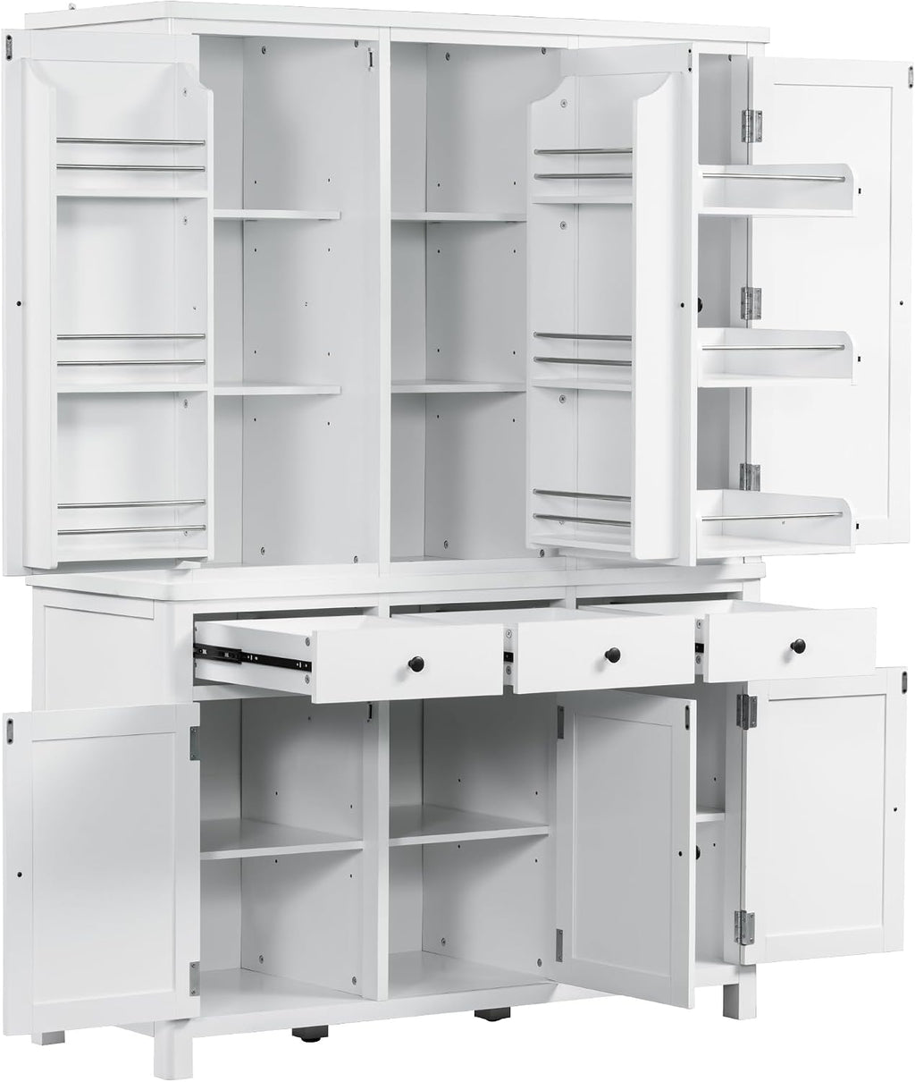 74.8" H Farmhouse Kitchen Pantry Cabinet with Pull-Out Trays, 53" L x 20" W Large Cupboard Storage Cabinet with 3 Drawers and Adjustable Shelves for Dining Room, Kitchen, White