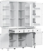 74.8" H Farmhouse Kitchen Pantry Cabinet with Pull-Out Trays, 53" L x 20" W Large Cupboard Storage Cabinet with 3 Drawers and Adjustable Shelves for Dining Room, Kitchen, White