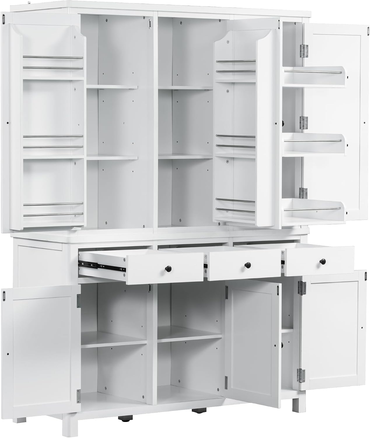 Freestanding Pantry Storage Cabinet with Adjustable Shelves, High Cupboard Cabinet with Door Shelves, Pull-Out Trays and Drawers for Kitchen, Dining Room, Living Room (White)
