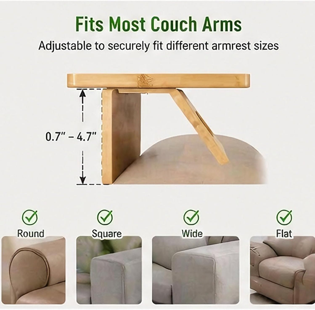 Couch Arm Tray, Bamboo Couch Armrest Table with Cup Holder & 360° Phone Holder, Foldable Snack Tray for Eating, Drinks, Snacks, Remote, Food - Fits Most Sofa Arms.