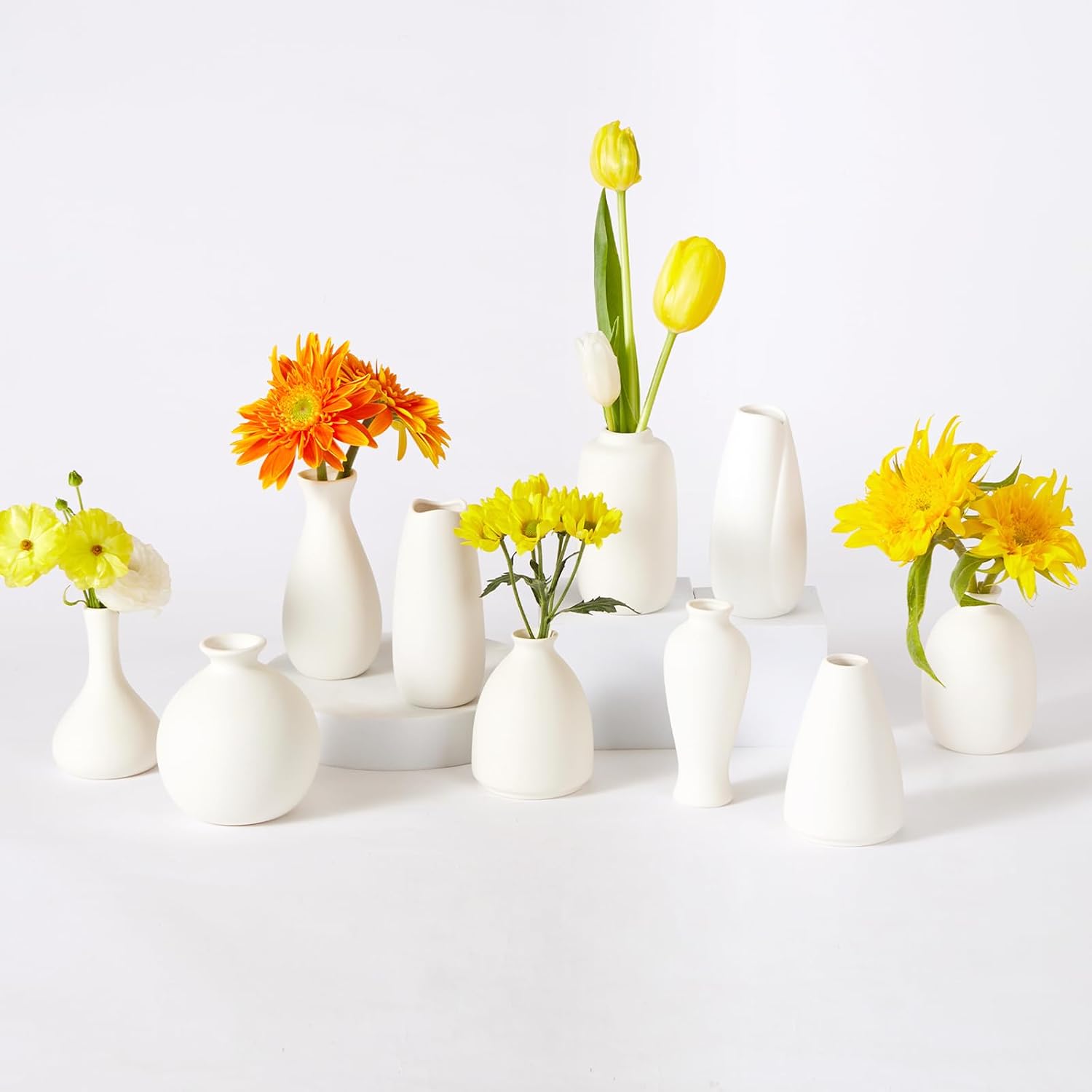 10pc Ceramic Bud Vases Set - 2-3 Inch White Small Vases Collection for Flowers | Boho & Modern Ceramic Vase Set for Table Décor, Wedding, Cute Vase Home Decor