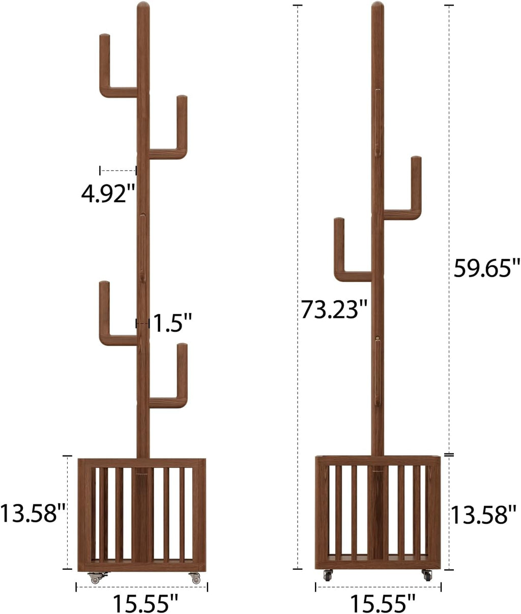 Solid Wood Cactus Coat Rack with 6 Hooks and Storage Basket, Walnut | Coat rack freestanding With 6 L-Shaped Hook,Decorative and Functional coat tree for entryway, hallway, bedroom, living room