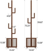 Solid Wood Cactus Coat Rack with 6 Hooks and Storage Basket, Walnut | Coat rack freestanding With 6 L-Shaped Hook,Decorative and Functional coat tree for entryway, hallway, bedroom, living room