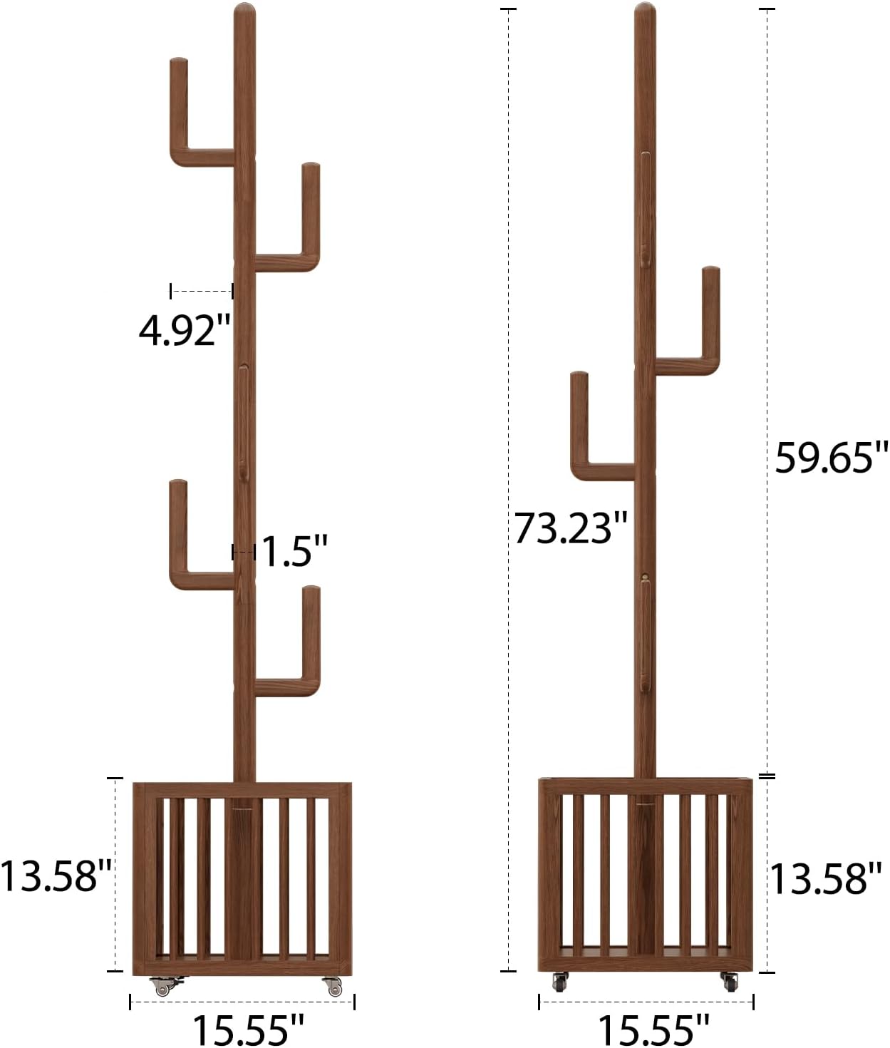 Solid Wood Cactus Coat Rack with 6 Hooks and Storage Basket, Walnut | Coat rack freestanding With 6 L-Shaped Hook,Decorative and Functional coat tree for entryway, hallway, bedroom, living room