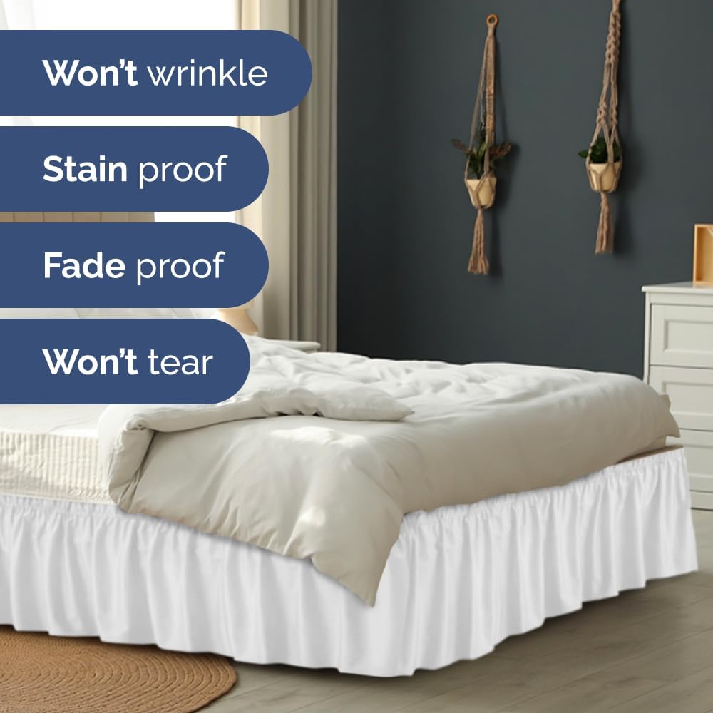 Wrap Around Dust Ruffle Bed Skirt - White - for Queen Size Beds with 12 Inch Drop - Easy Fit Elastic Strap - Adjustable Pleated Bedskirt w/Brushed Fabric - Wrinkle Free - for Women, Men, Kids & Teens