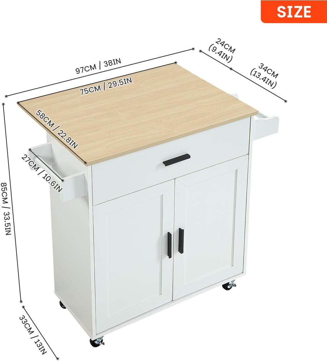 Kitchen Island with Storage, Rolling Kitchen Island on Wheels with Scalable,Open Spice Rack Shelf, Door Cabinet，Kitchen Cart Island Table for Kitchen, White