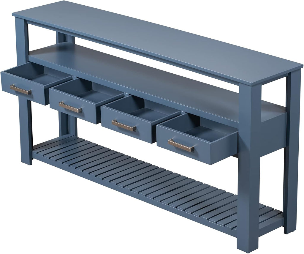 LKTART Console Table for Entryway with 4 Drawers,61.5'' Long Sofa Table with 3-Tier Open Shelves,Entry Table for Hallway,Foyer,Living Room,Navy Blue