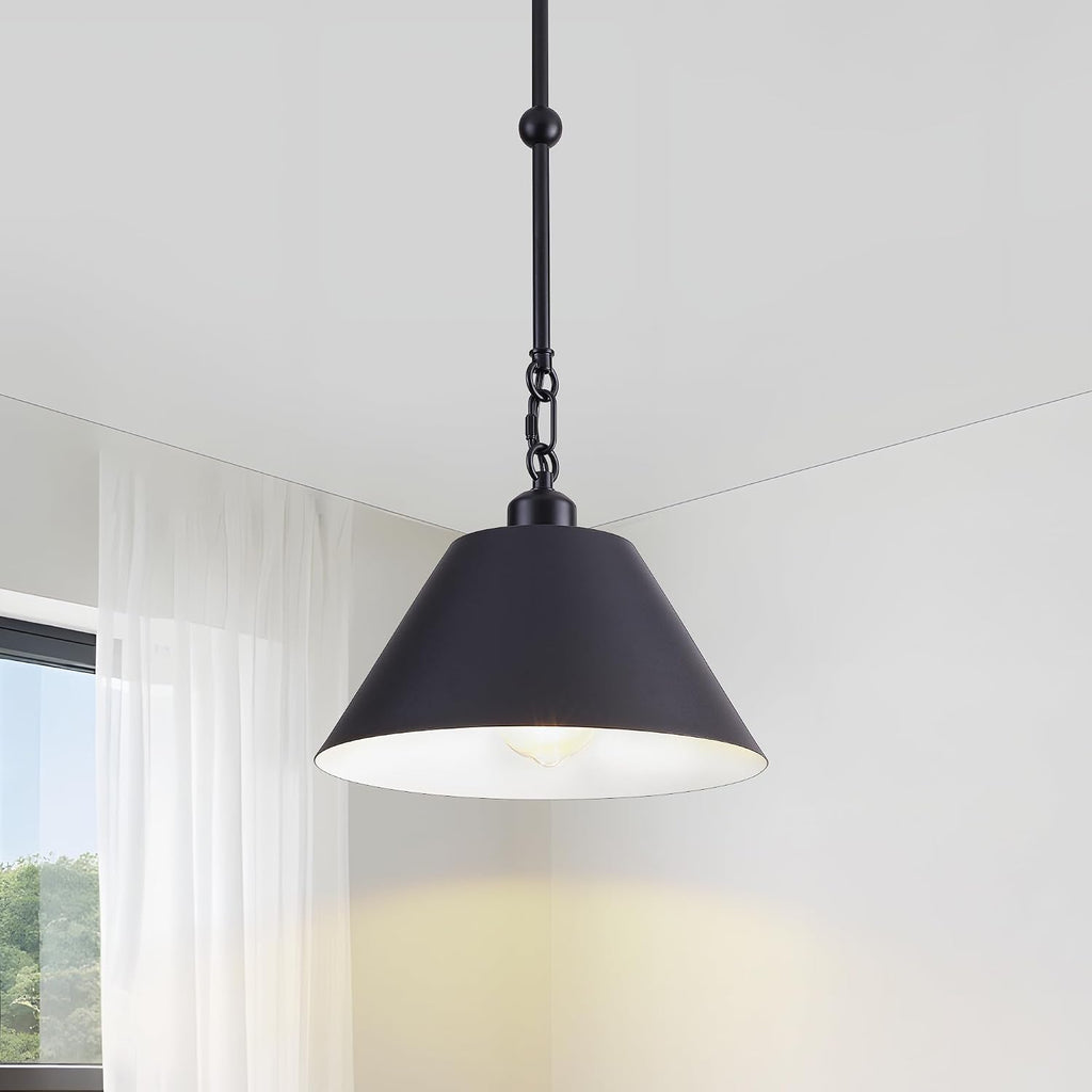 11 Inch Black Pendant Lights Kitchen Island, Modern Farmhouse Light Fixtures with Cone Shade, Adjustable Vintage Industrial Pendant Light for Foyer Hallway Bedroom Dining Room Bar Barn