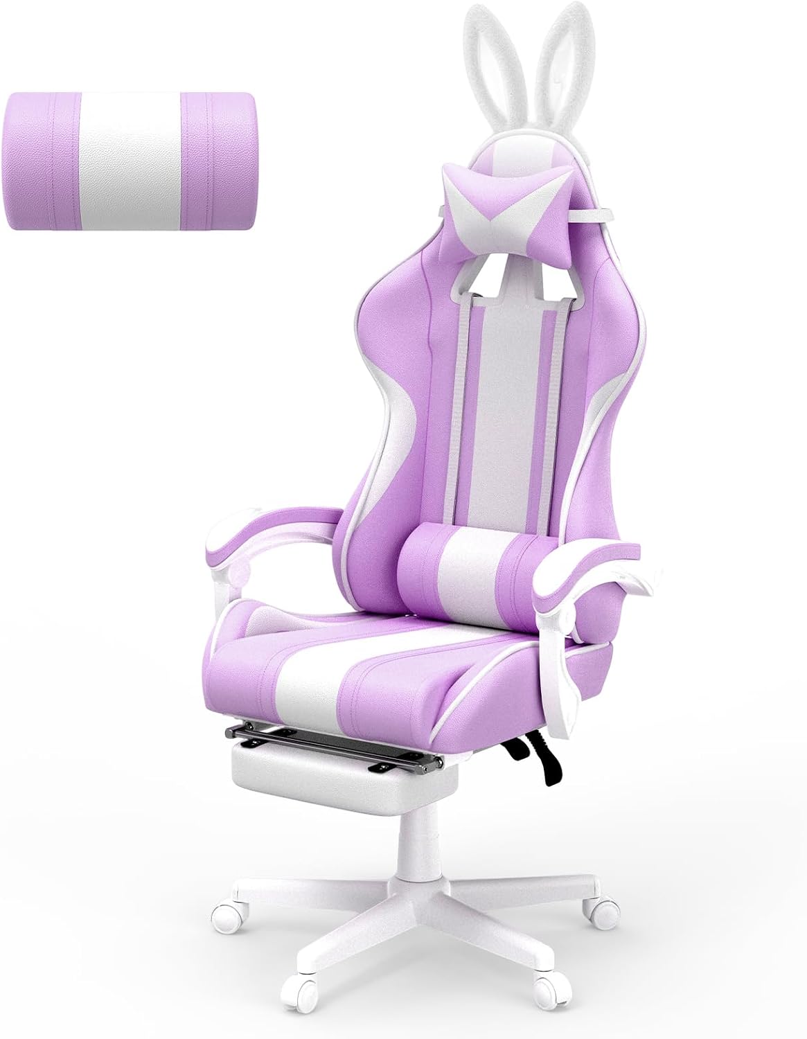 Ferghana Kawaii Light Purple Gaming Chair with Bunny Ears, Ergonomic Cute Gamer Chair with Footrest and Massage, Racing Reclining Leather Computer Game Chair for Girls Adults Teens Kids