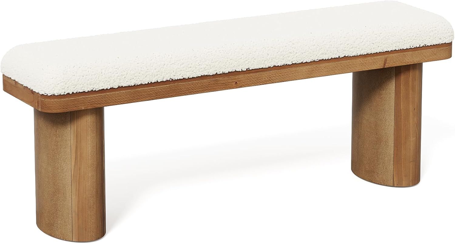 LITTLE TREE 47'' Boucle Upholstered Bench, Modern Solid Fir Entryway Bench with White Boucle Cushion, Farmhouse Wooden Ottoman for Dining Room, Bedroom, Living Room, Brown(Removable Cushion)