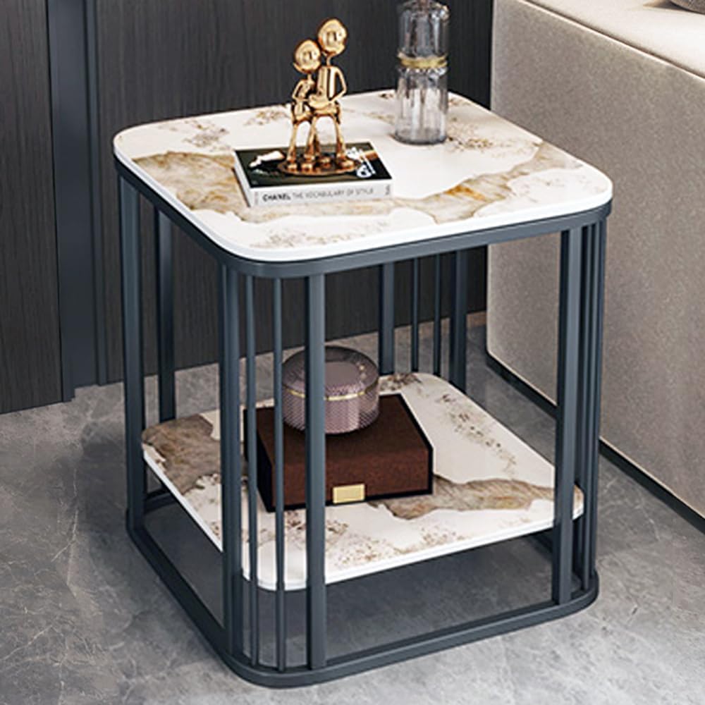 Modern Side Table 2-Tier Coffee end Tables for Living Room, Indoor & Outdoor Accent Tables with Marble Desktop & Metal Bracket, Multifunctional Bedside nightstand for Bedroom Sofa Balcony Patio