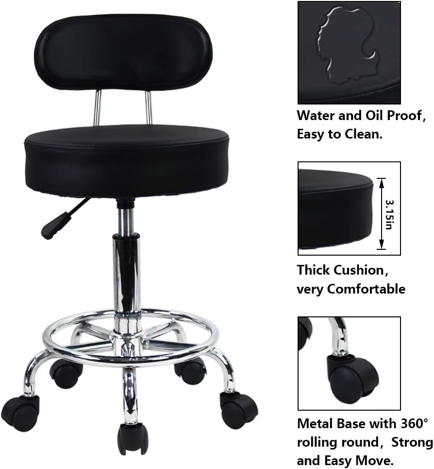 KKTONER PU Leather Rolling Stool Mid-Back with Footrest Height Adjustable Office Computer Home Drafting Swivel Task Chair with Wheels (Black)