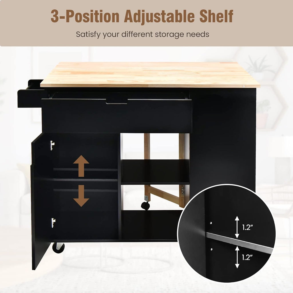 Giantex Kitchen Island Cart Drop-Leaf Countertop, Rubber Wood Breakfast Dining Table w/Large Drawer, Storage Shelves, 4-Tier Spice Rack, Rolling Serving Cart on 5 Wheels for Home Coffee Bar (Black)
