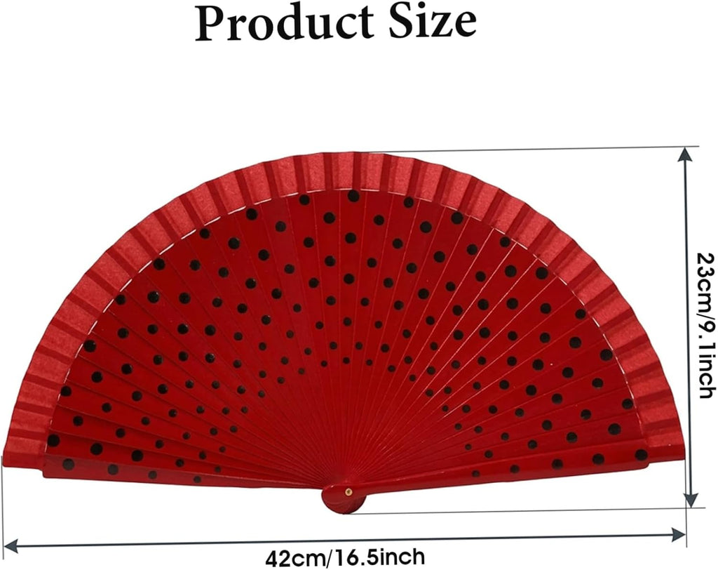 Hand Fans Foldable, Spanish Fan with Smooth Opening, Hand-Painted Dance Fans with Red Polka Dot Design on Cotton, Wooden Handle Foldable Fan for Flamenco Performances, Spanish