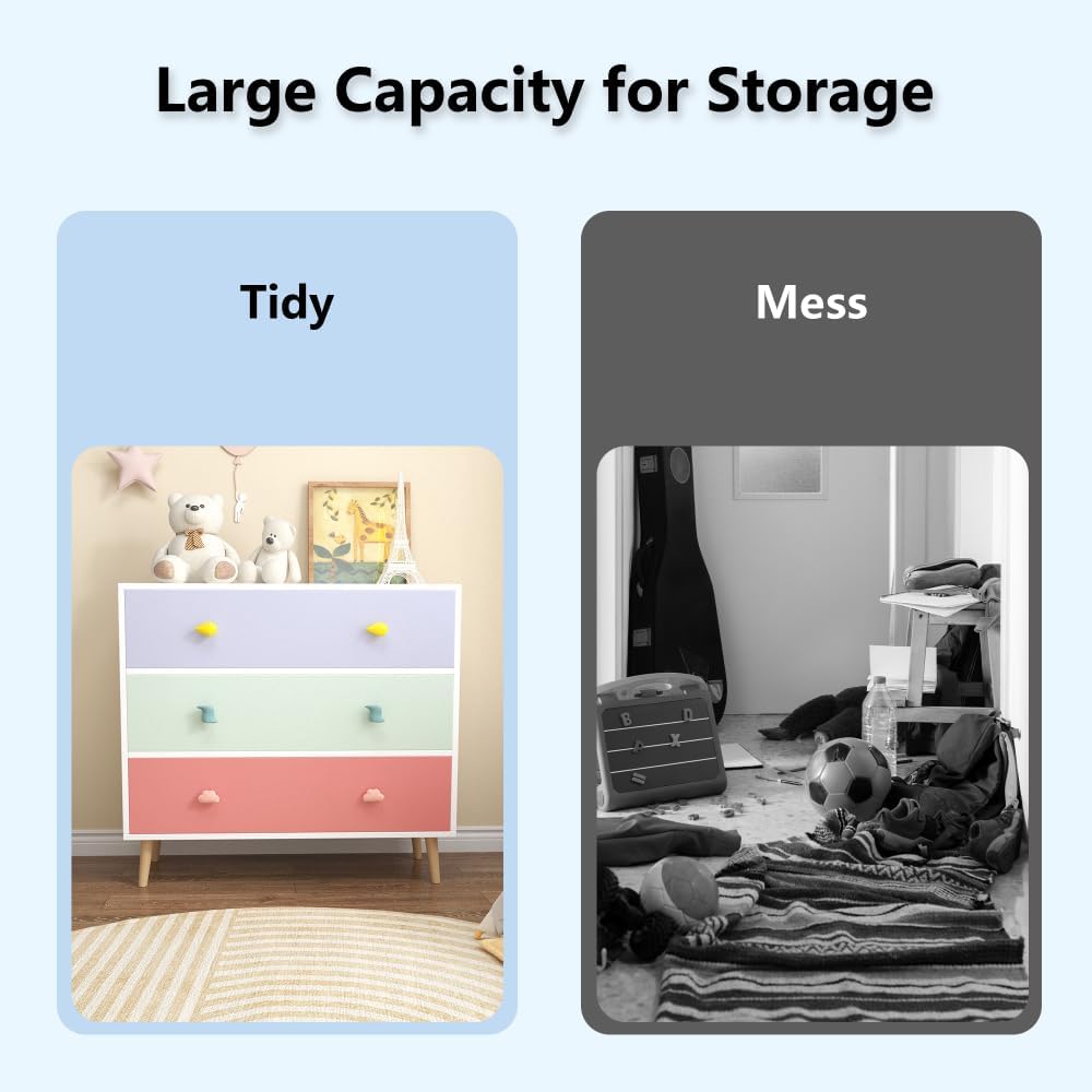 Modern Nightstand with 3 Drawer, Wooden Bedside Table for Kids Room, Toddler Childs Storage Cabinet with Euro Glides, Safety Anti-Tip Design, Easy Assembly, Colorful Finish, 2026 Upgrade (Colorful)