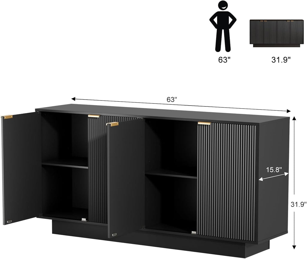 63'' Large Fluted Sideboard Buffet Cabinet, Modern Storage Cabinet with Adjustable Shelf, Console Table Wine Bar Accent Credenza with 4 Doors for Dining Room, Living Room, Hallway(Black)