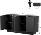 63'' Large Fluted Sideboard Buffet Cabinet, Modern Storage Cabinet with Adjustable Shelf, Console Table Wine Bar Accent Credenza with 4 Doors for Dining Room, Living Room, Hallway(Black)
