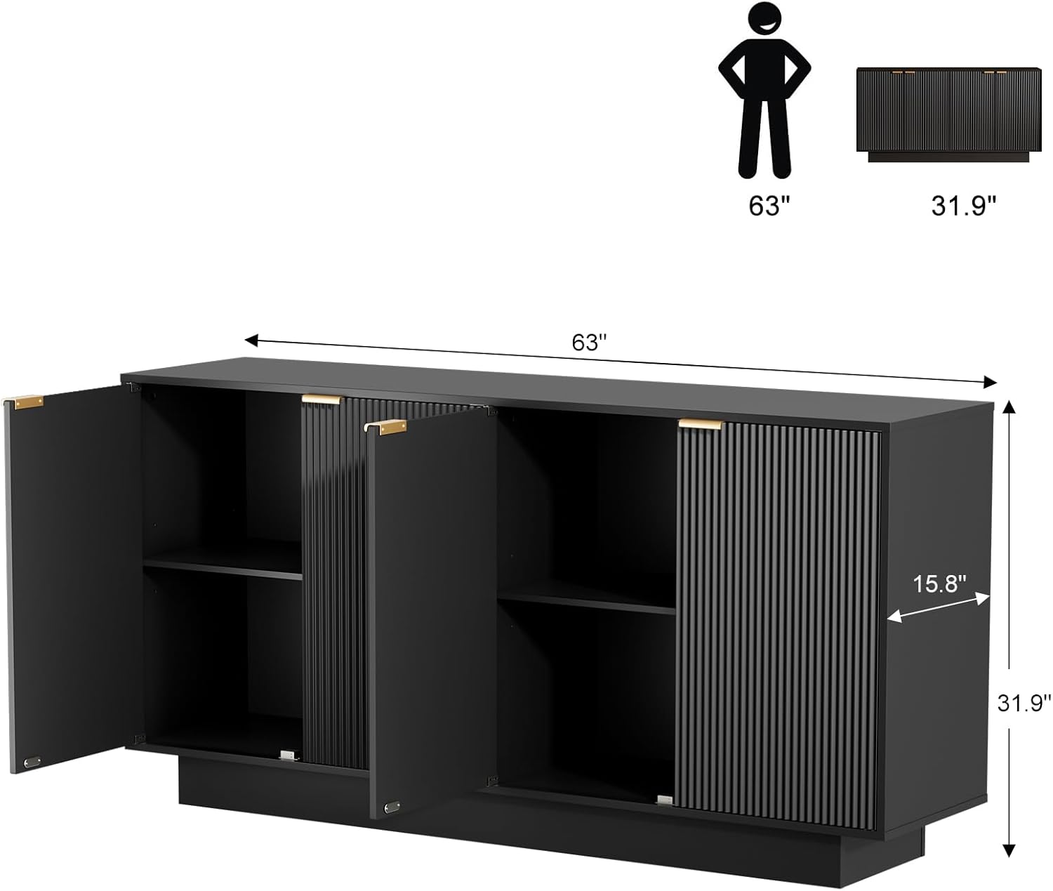 63'' Large Fluted Sideboard Buffet Cabinet, Modern Storage Cabinet with Adjustable Shelf, Console Table Wine Bar Accent Credenza with 4 Doors for Dining Room, Living Room, Hallway(Black)