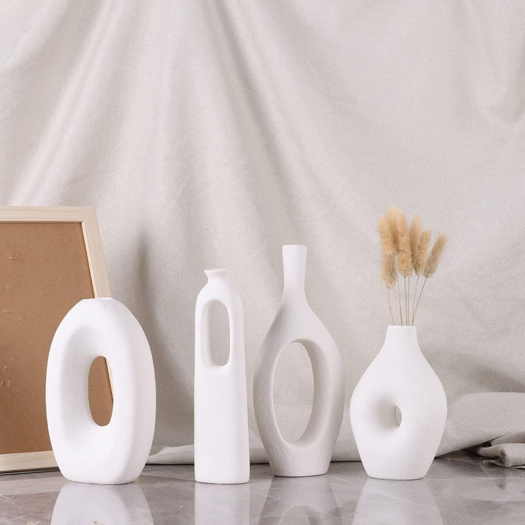 White Ceramic Vase Set of 4 - Round Hollow Boho Vases for Pampas Grass and Flowers Decor, Modern Minimalist Small Vases for Living Room, Bedroom, Fireplace, Coffee Table Decor and Centerpieces