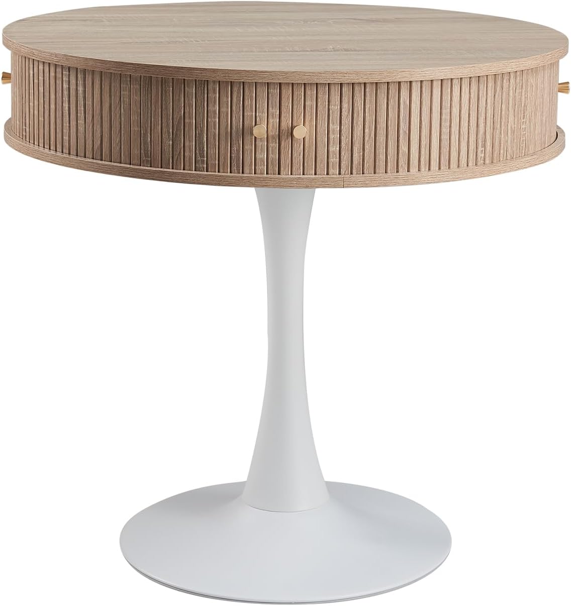 31.5" Round Fluted Pedestal Table for 2-4, Oak Circle Kitchen Dinner Table with Hidden Storage, 31''H Small Tulip Breakfast Desk with Sliding Doors, Metal Base for Kitchen, Cafe, Patio, Courtyard