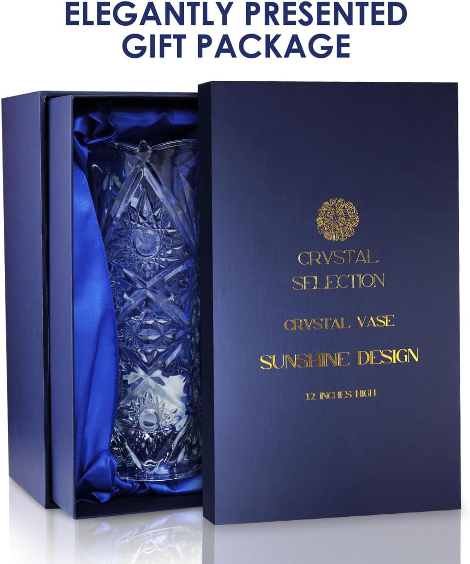 CS Crystal Vase 12-inch high, Sunshine Design, for Flowers & Decor. Lovely Nice Shiny Piece. Perfect as a Gift, Suitable for All Occasions.