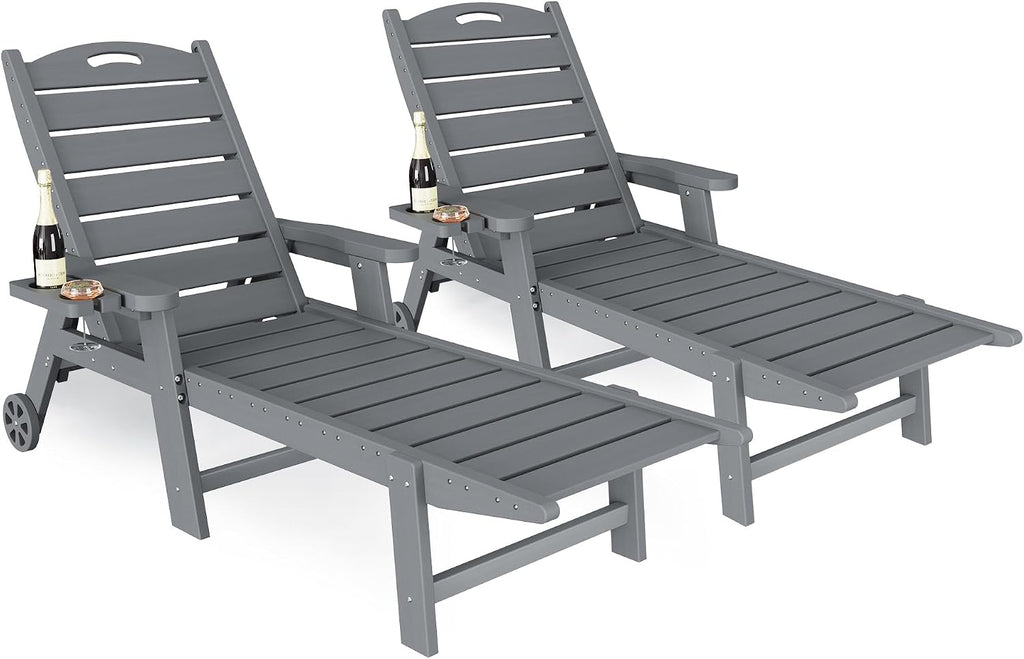 UDPATIO Outdoor Lounge Chair Pool Waterproof Chaise Chairs Reclining | HDPE 5-Position Adjustable with Wheels Double Cup Holder Heavy-Duty for Beach Garden Deck or Indoor Hdpe Light Grey