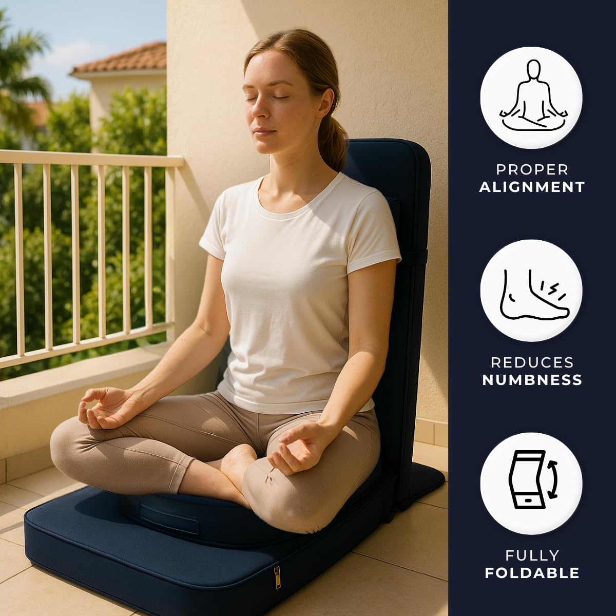 Friends Of Meditation 4-in-1 Folding Buddha Chair – Ergonomic Yoga Seat with Half-Moon Zafu, Detachable Lumbar Support & Carry Case – Navy Blue