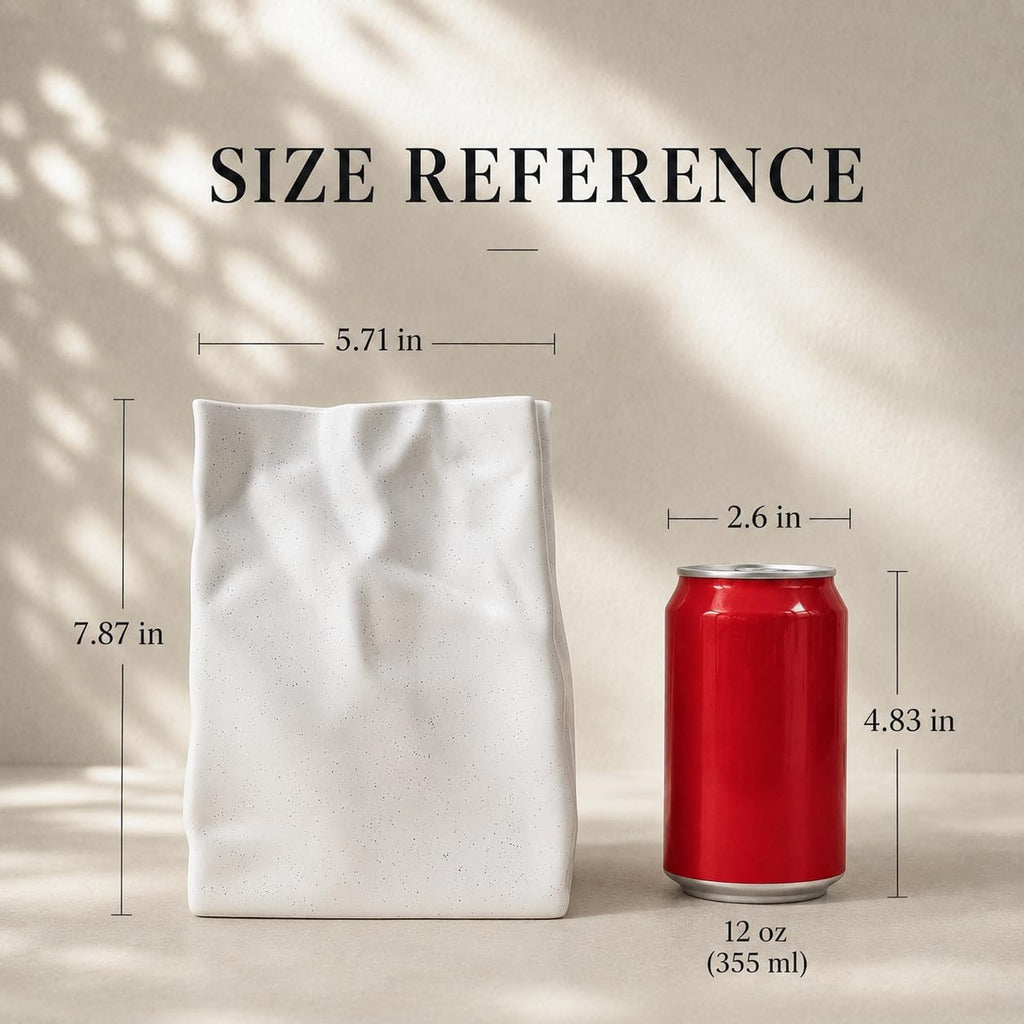 WENSHUO Crinkle Paper Bag Ceramic Vase, Modern Aesthetic Flower Vase for Home Decor, Unique Matte Ceramic Paperbag Vase for Flower Arrangement, Bookshelf Desk Decorative Ornament, Quirky Gift