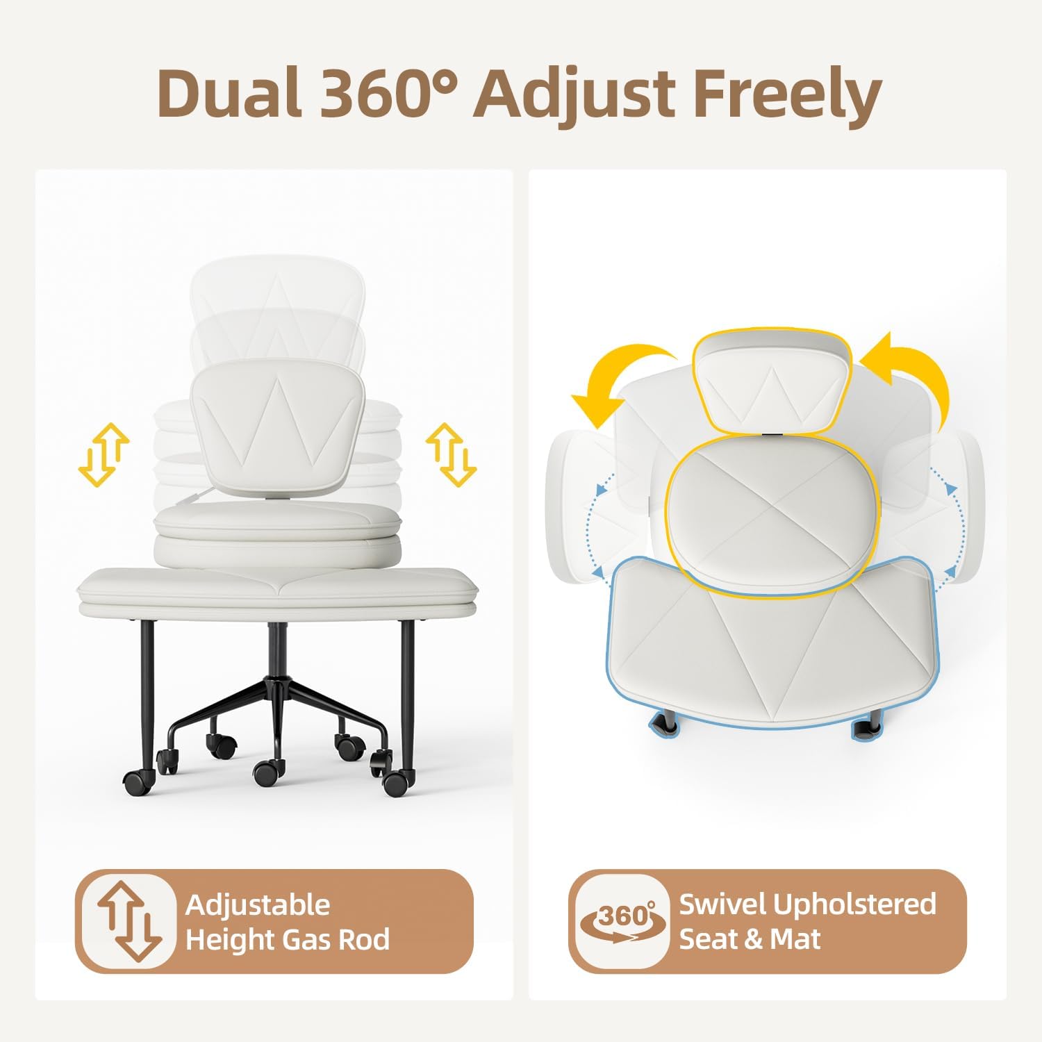 Ergonomic Cross Legged Chair, 360°Swivel Criss Cross Chair with Wheels, Double-Layer Upholstered Desk Chair, 31.3" Large Office Chair for Meditation and ADHD. White