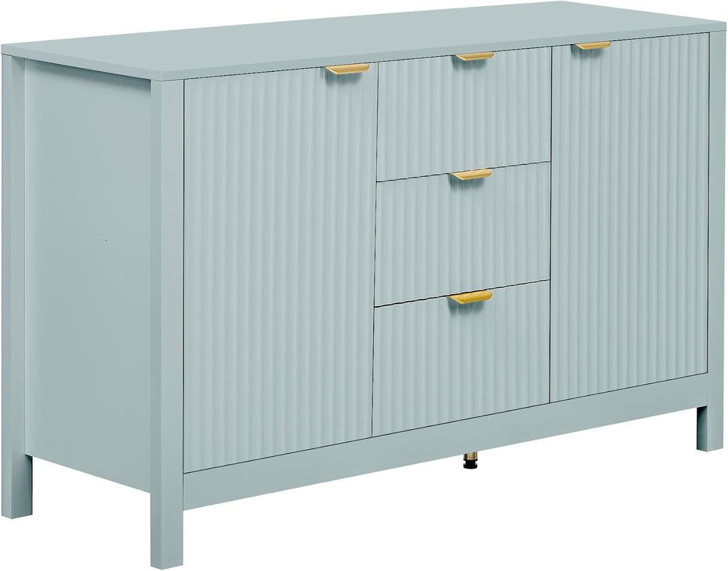 Sideboard with Wave Design - 3 Adjustable Shelves, 3 Drawers & Soft-Close Doors, Storage Console Table with Metal Handles, Suitable for Study, Hallway and Living Room, 3 Colors (Cyan + MDF)