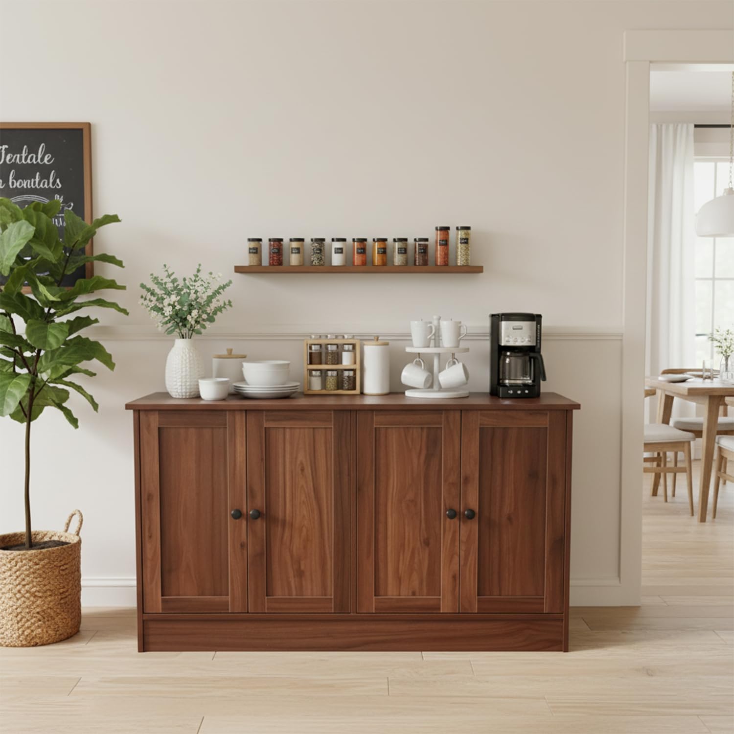 holzart Rustic Brown Buffet Cabinet with Storage, 49" Farmhouse Kitchen Sideboard with 4 Doors, Industrial Coffee Bar Cabinet & Console Table for Dining Room, Living Room